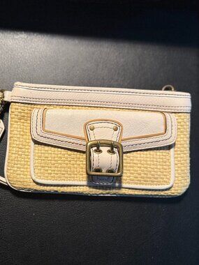 Coach Beige Nature Straw White Leather Trim Buckle Wristlet